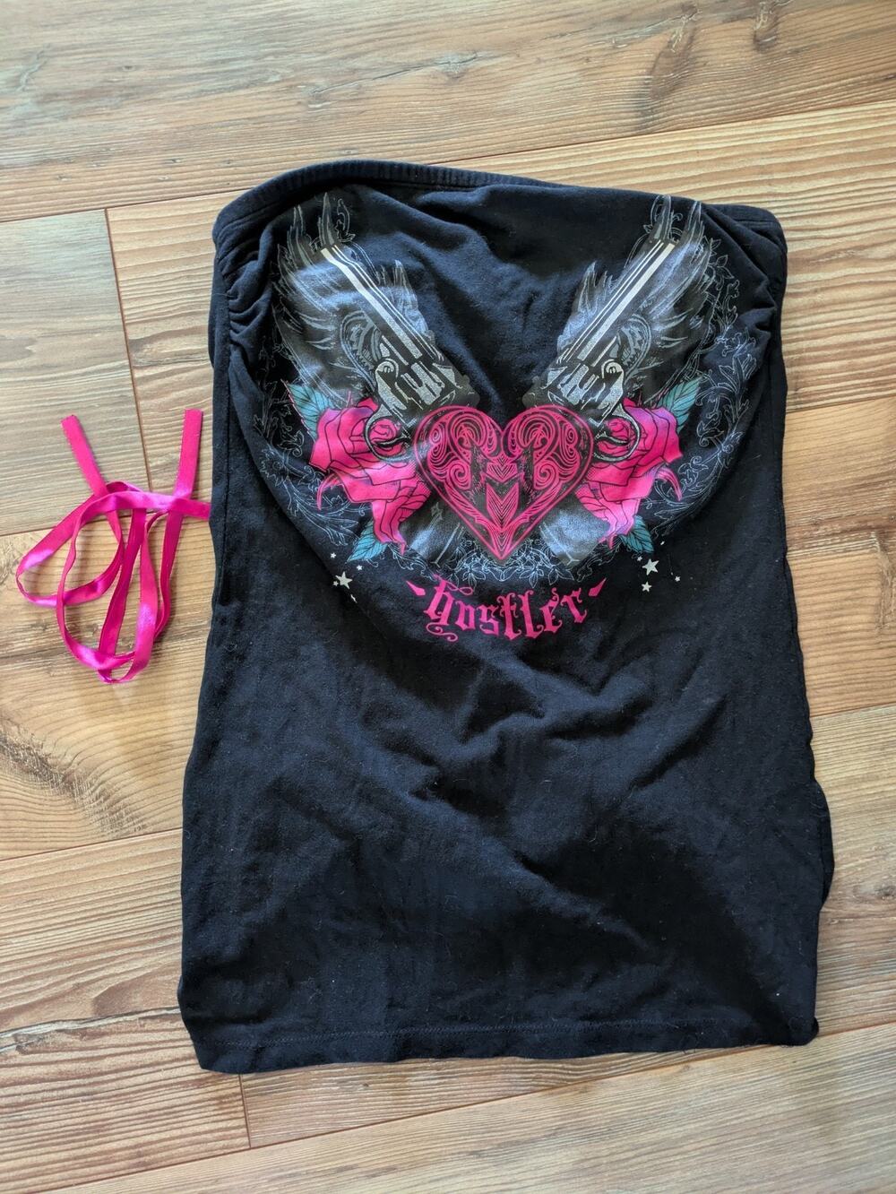 Hustler Ribbon Tie Back‎ Sleeveless Tube Top Shirt Pink & Black Medium Y2K Biker